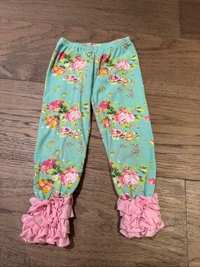 Kids Floral Ruffle Leggings - Mint with Pink Ruffles